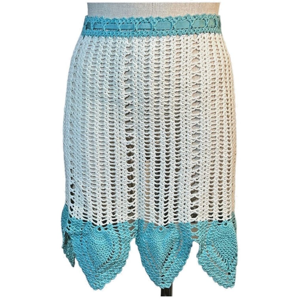 Vintage‎ Crocheted Half Apron White Turquoise Crochet Handmade Ties at Waist
